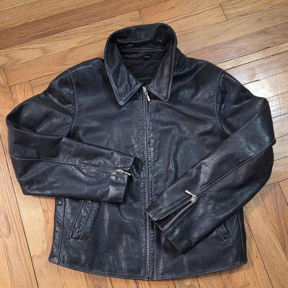 Vintage Black Leather Women's Moto Jacket-Y2K Classic Collar Metal Zips Grunge